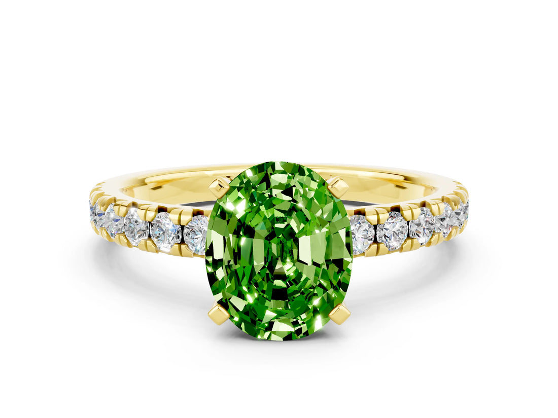 Yellow gold Oval Cut Peridot Solitaire Pavé Engagement Ring with Round Band and Prong Setting_78
