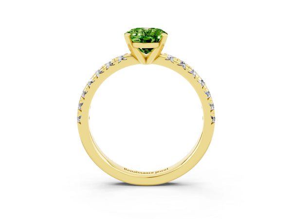 Yellow gold Oval Cut Peridot Solitaire Pavé Engagement Ring with Round Band and Prong Setting