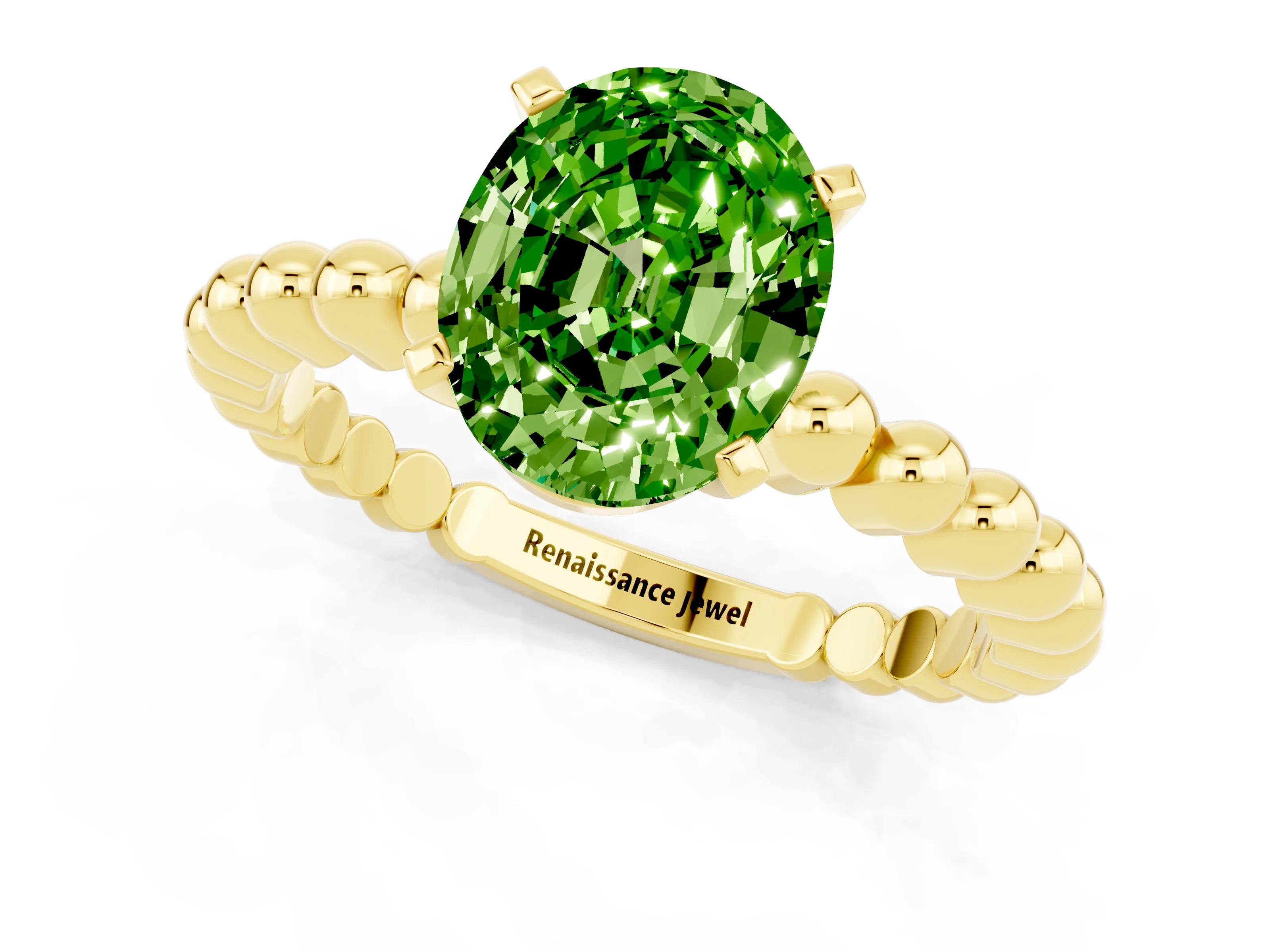 Yellow gold Oval Cut Peridot Solitaire Ring with Beaded Band and Prong Setting_1
