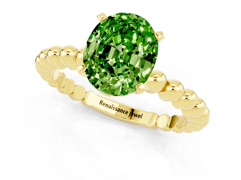 Yellow gold Oval Cut Peridot Solitaire Ring with Beaded Band and Prong Setting_1