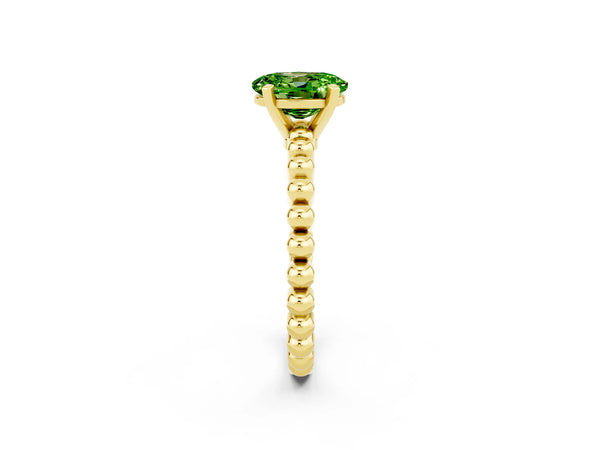 Yellow gold Oval Cut Peridot Solitaire Ring with Beaded Band and Prong Setting