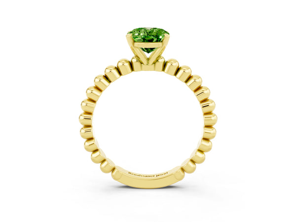 Yellow gold Oval Cut Peridot Solitaire Ring with Beaded Band and Prong Setting