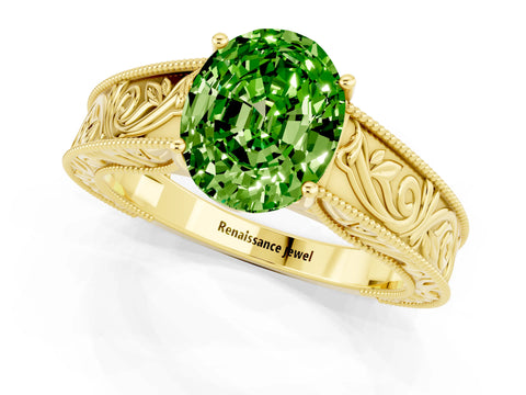 Yellow gold Oval Cut Peridot Solitaire Ring with Engraved Band and Four-Prong Setting_1