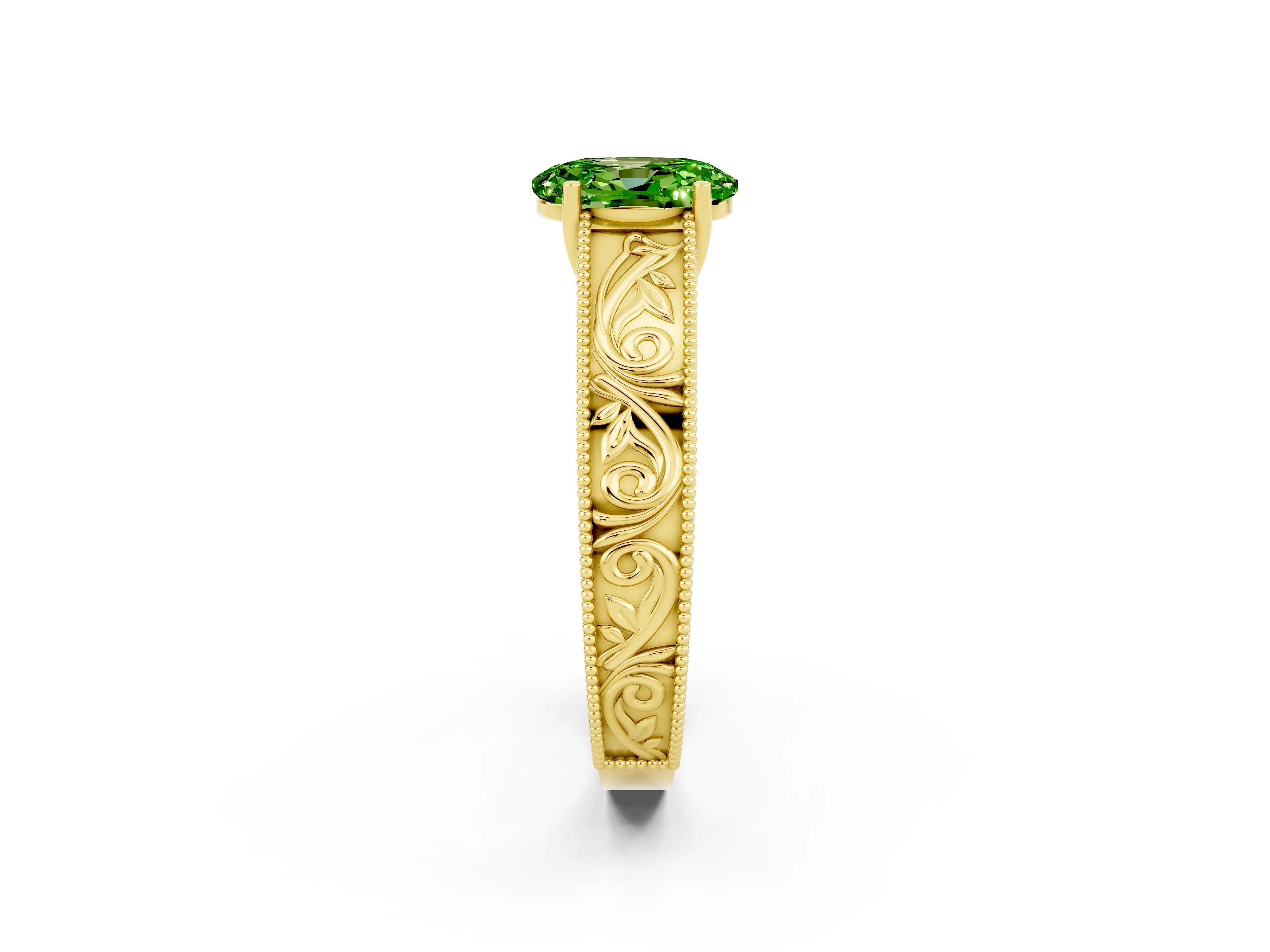 Yellow gold Oval Cut Peridot Solitaire Ring with Engraved Band and Four-Prong Setting_2
