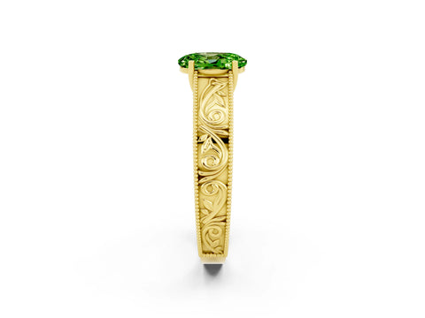 Yellow gold Oval Cut Peridot Solitaire Ring with Engraved Band and Four-Prong Setting_2