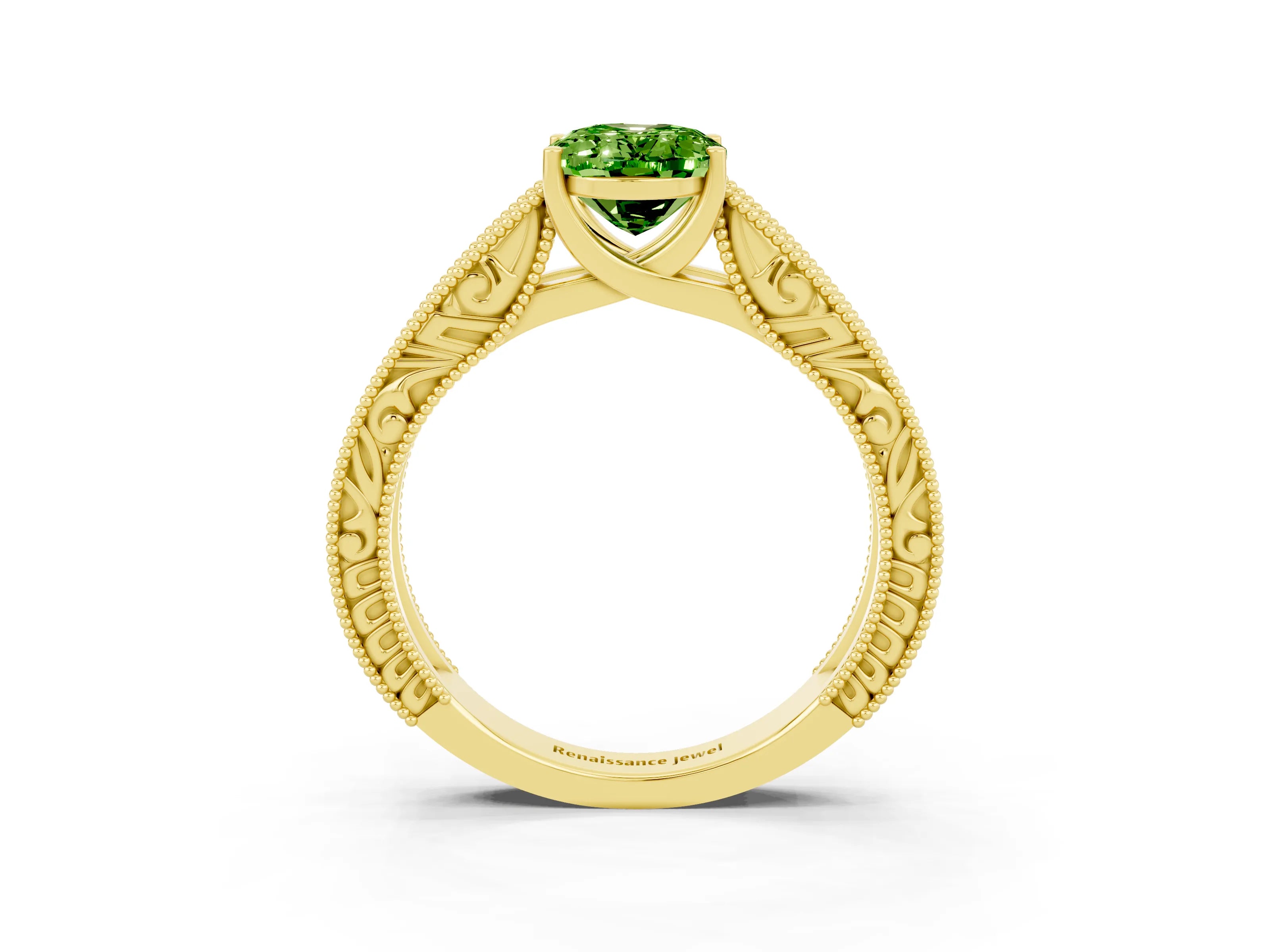 Yellow gold Oval Cut Peridot Solitaire Ring with Engraved Band and Four-Prong Setting_3