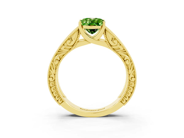 Yellow gold Oval Cut Peridot Solitaire Ring with Engraved Band and Four-Prong Setting