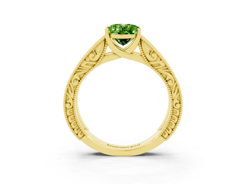 Yellow gold Oval Cut Peridot Solitaire Ring with Engraved Band and Four-Prong Setting_3