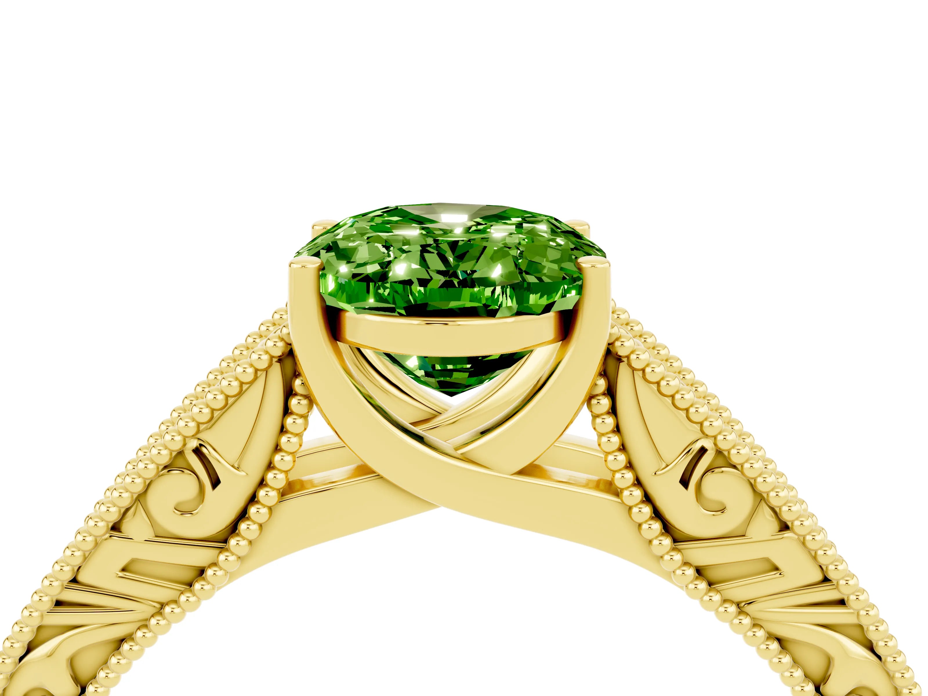 Yellow gold Oval Cut Peridot Solitaire Ring with Engraved Band and Four-Prong Setting_4