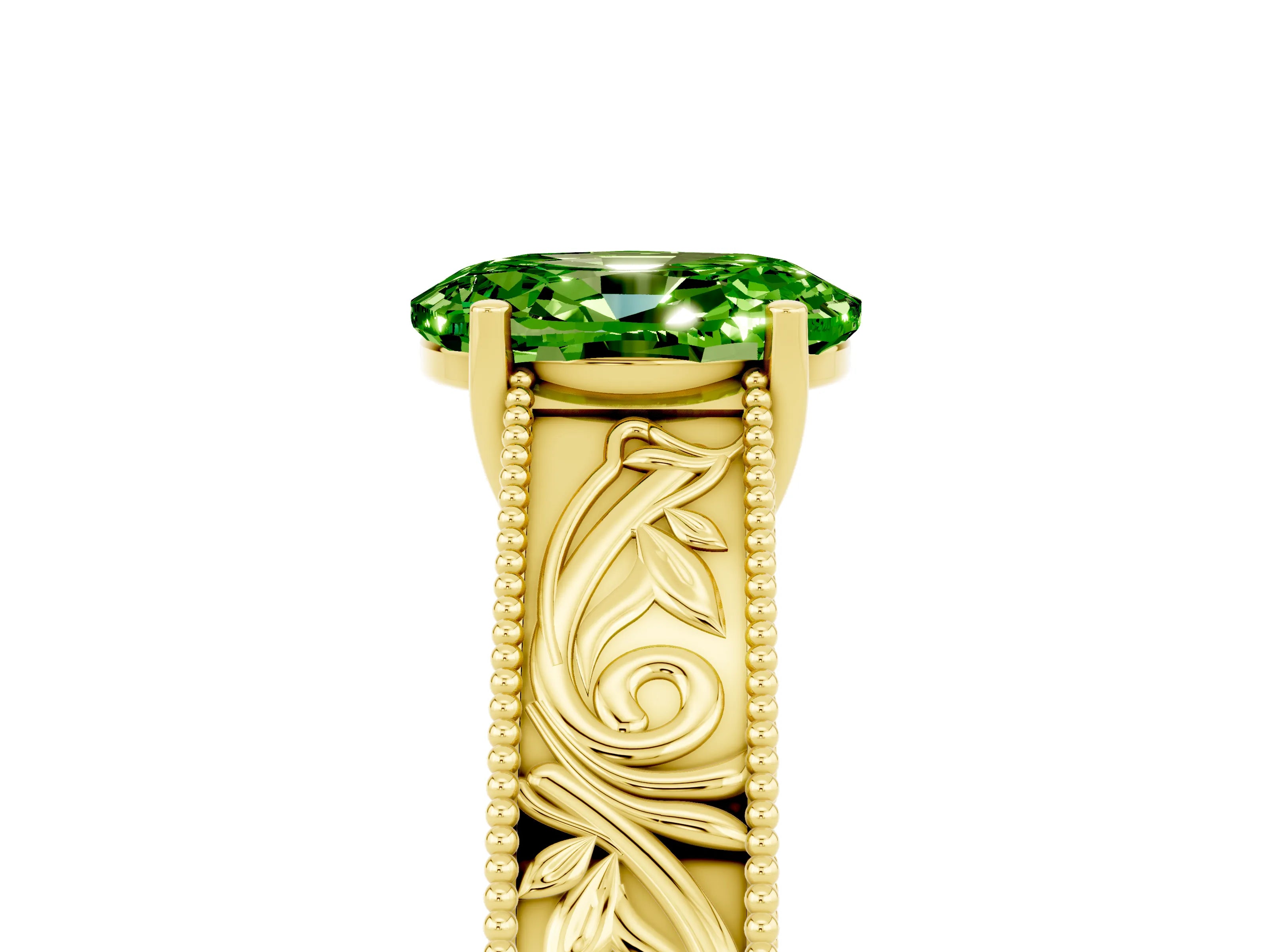Yellow gold Oval Cut Peridot Solitaire Ring with Engraved Band and Four-Prong Setting_5