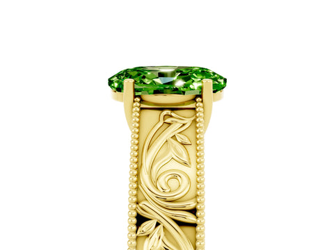 Yellow gold Oval Cut Peridot Solitaire Ring with Engraved Band and Four-Prong Setting_5