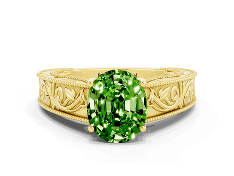 Yellow gold Oval Cut Peridot Solitaire Ring with Engraved Band and Four-Prong Setting
