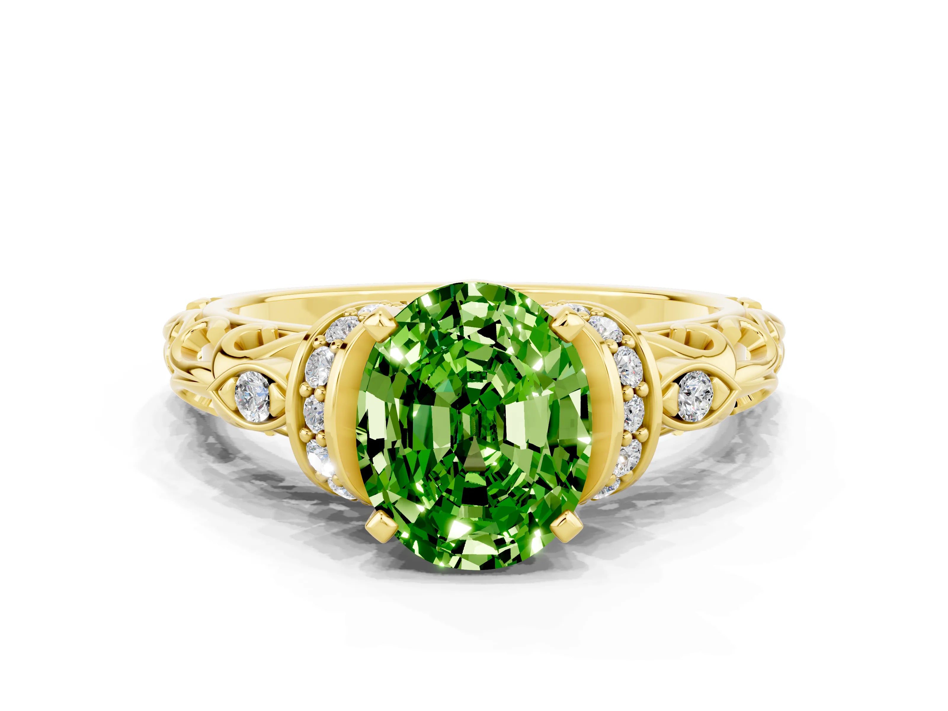 Yellow gold Oval Cut Peridot Solitaire Ring with Filigree Band and Four-Prong Setting_24