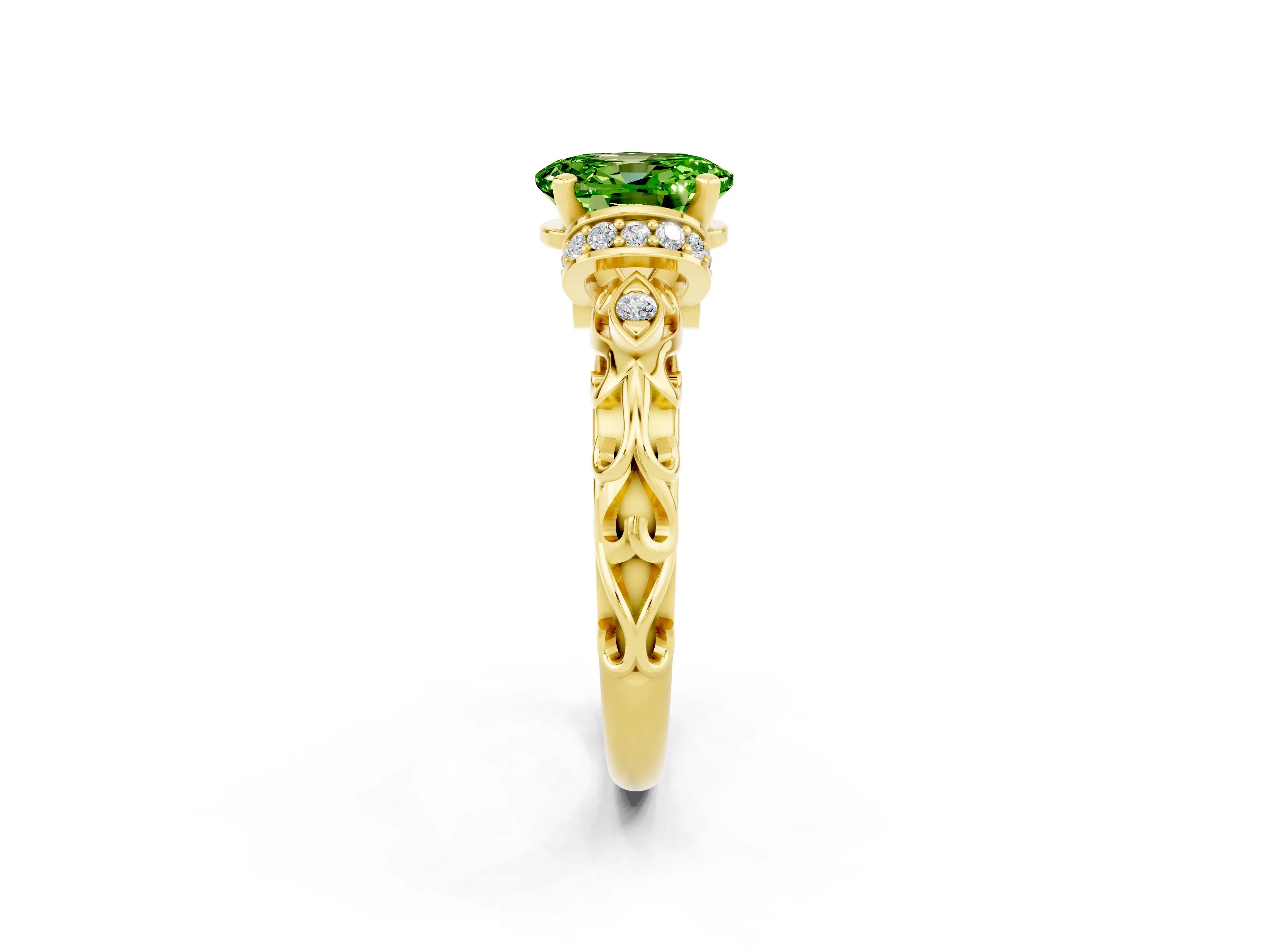 Yellow gold Oval Cut Peridot Solitaire Ring with Filigree Band and Four-Prong Setting_26