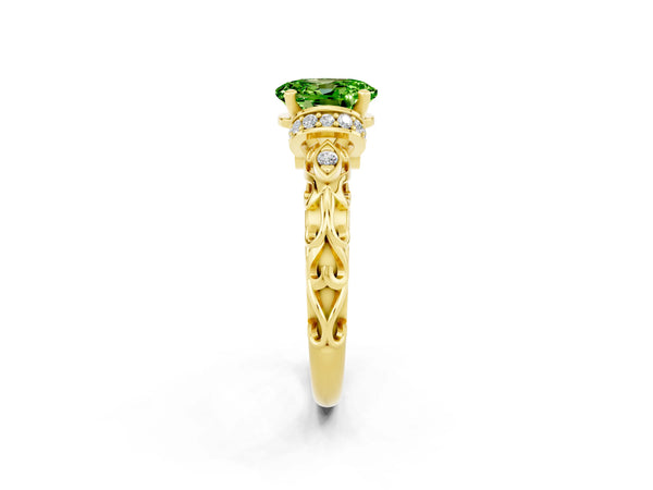 Yellow gold Oval Cut Peridot Solitaire Ring with Filigree Band and Four-Prong Setting