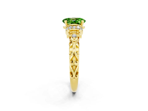 Yellow gold Oval Cut Peridot Solitaire Ring with Filigree Band and Four-Prong Setting_26