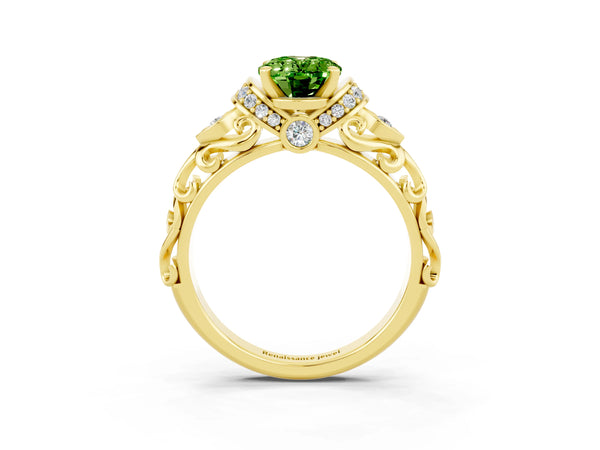 Yellow gold Oval Cut Peridot Solitaire Ring with Filigree Band and Four-Prong Setting