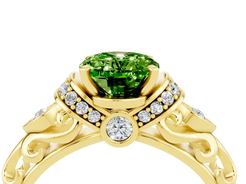 Yellow gold Oval Cut Peridot Solitaire Ring with Filigree Band and Four-Prong Setting_28
