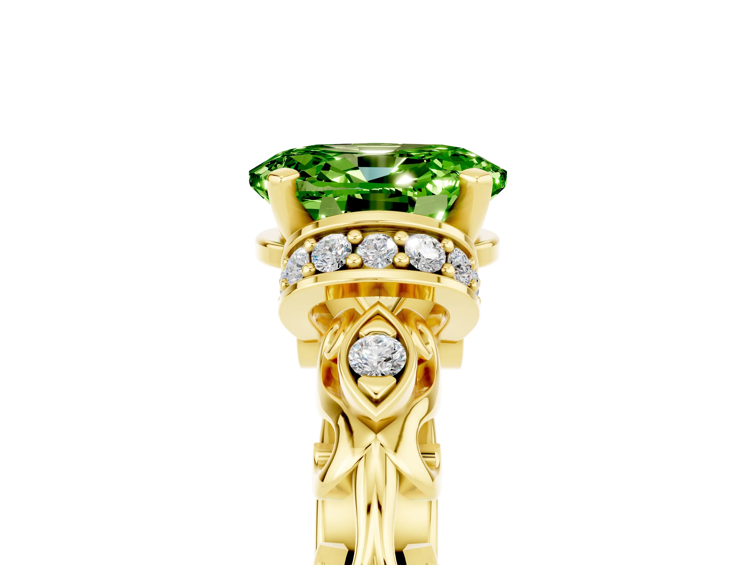 Yellow gold Oval Cut Peridot Solitaire Ring with Filigree Band and Four-Prong Setting_29