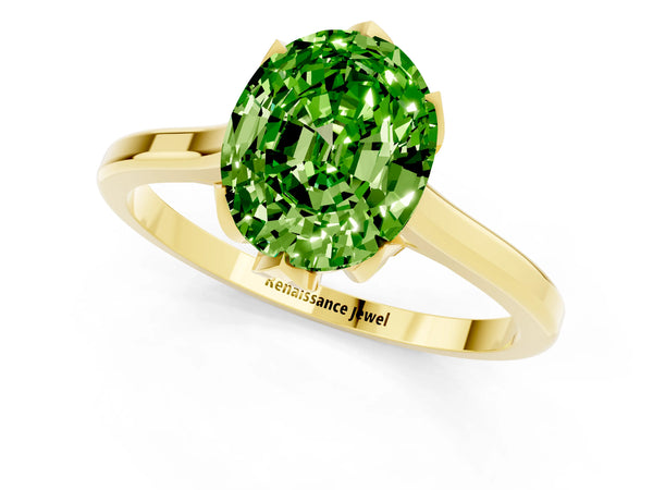 Yellow gold Oval Cut Peridot Solitaire Ring with Flower Prong Setting and Classic Band