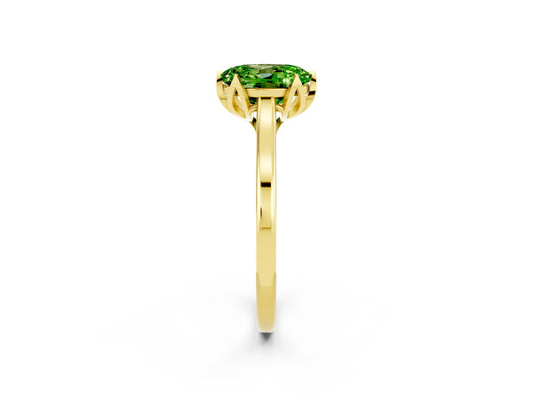 Yellow gold Oval Cut Peridot Solitaire Ring with Flower Prong Setting and Classic Band
