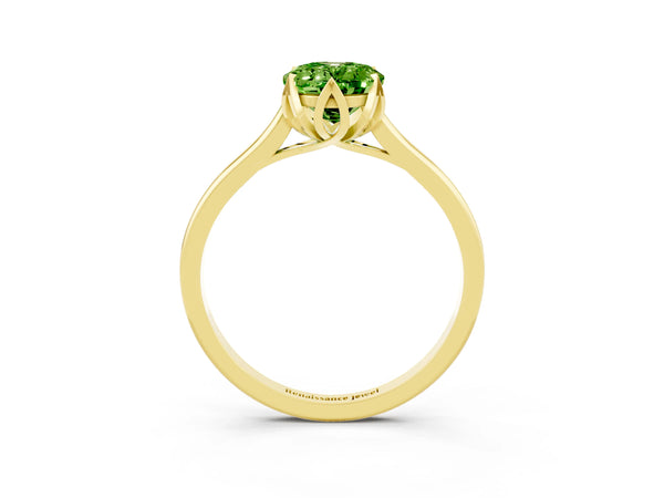 Yellow gold Oval Cut Peridot Solitaire Ring with Flower Prong Setting and Classic Band