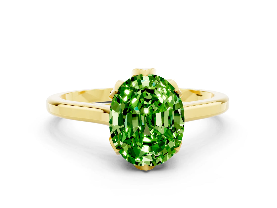 Yellow gold Oval Cut Peridot Solitaire Ring with Flower Prong Setting and Classic Band_36