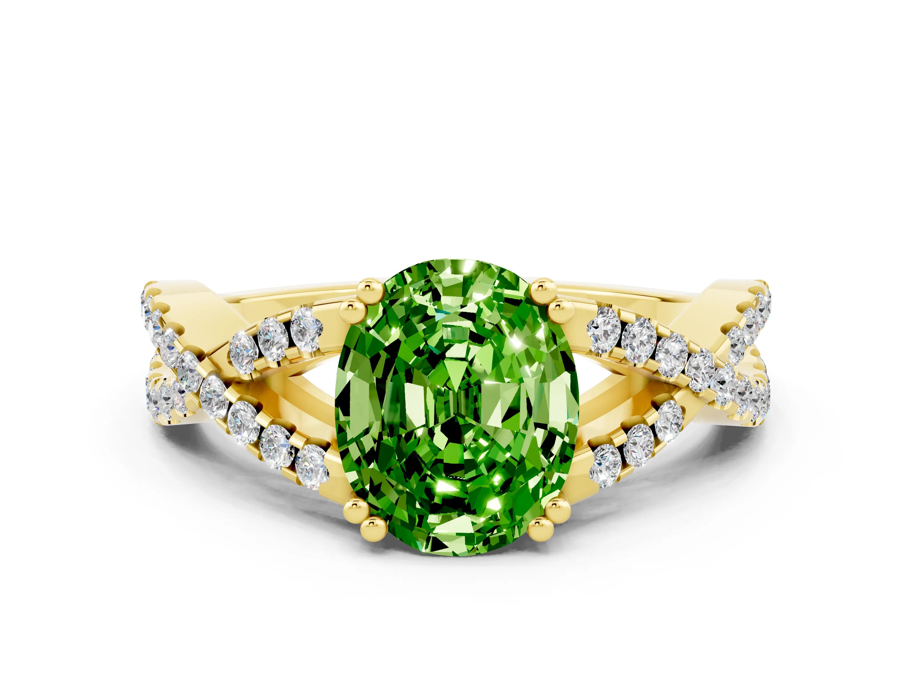 Yellow gold Oval Cut Peridot Solitaire Ring with Four-Prong Setting and Twisted Pavé Band
