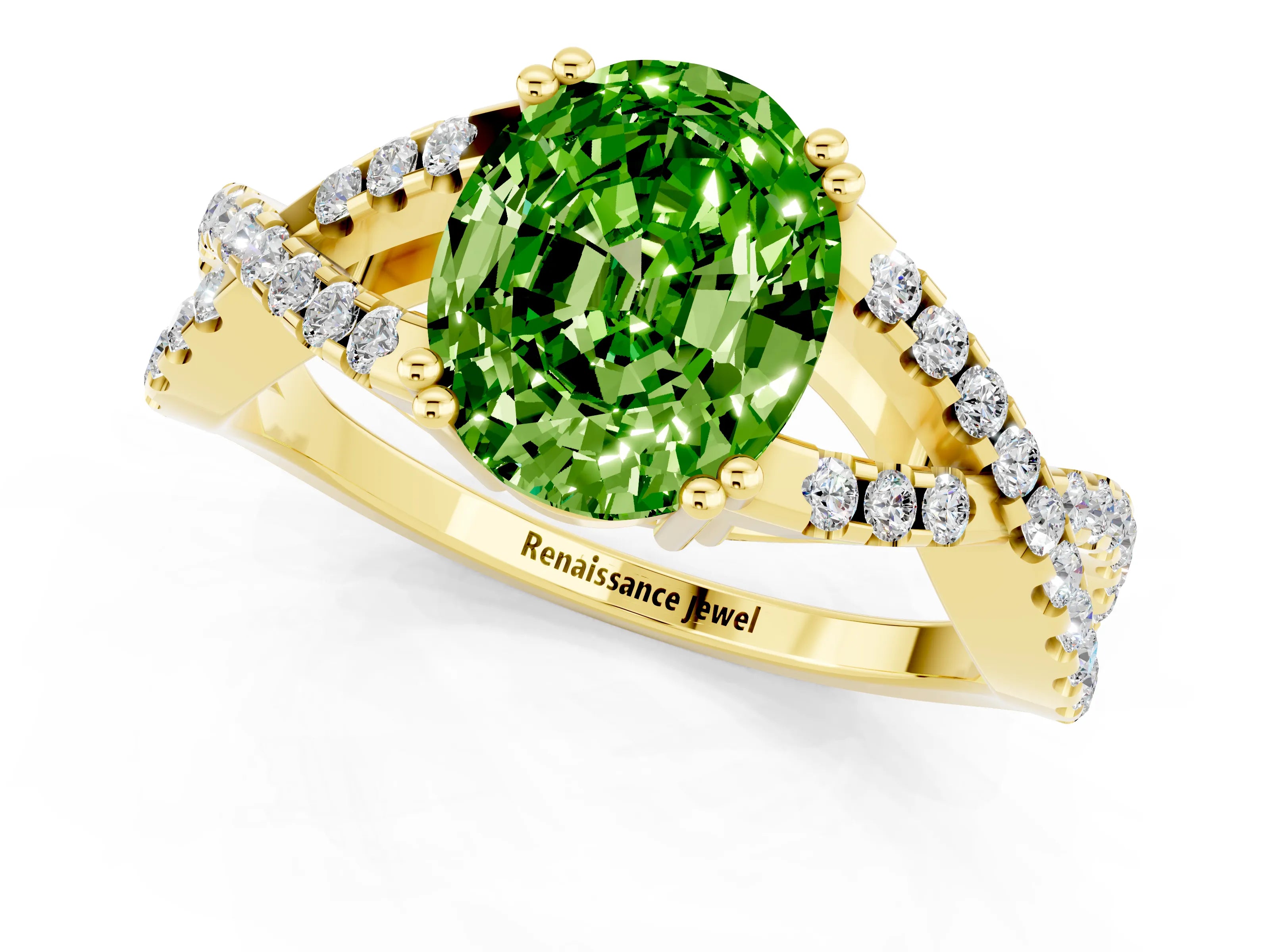 Yellow gold Oval Cut Peridot Solitaire Ring with Four-Prong Setting and Twisted Pavé Band_1