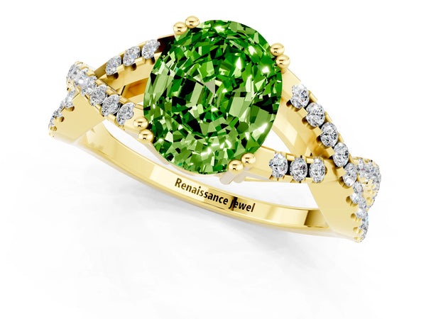 Yellow gold Oval Cut Peridot Solitaire Ring with Four-Prong Setting and Twisted Pavé Band