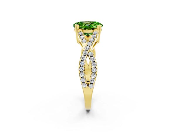 Yellow gold Oval Cut Peridot Solitaire Ring with Four-Prong Setting and Twisted Pavé Band