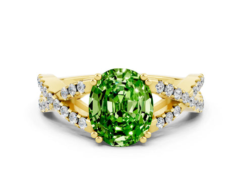 Yellow gold Oval Cut Peridot Solitaire Ring with Four-Prong Setting and Twisted Pavé Band
