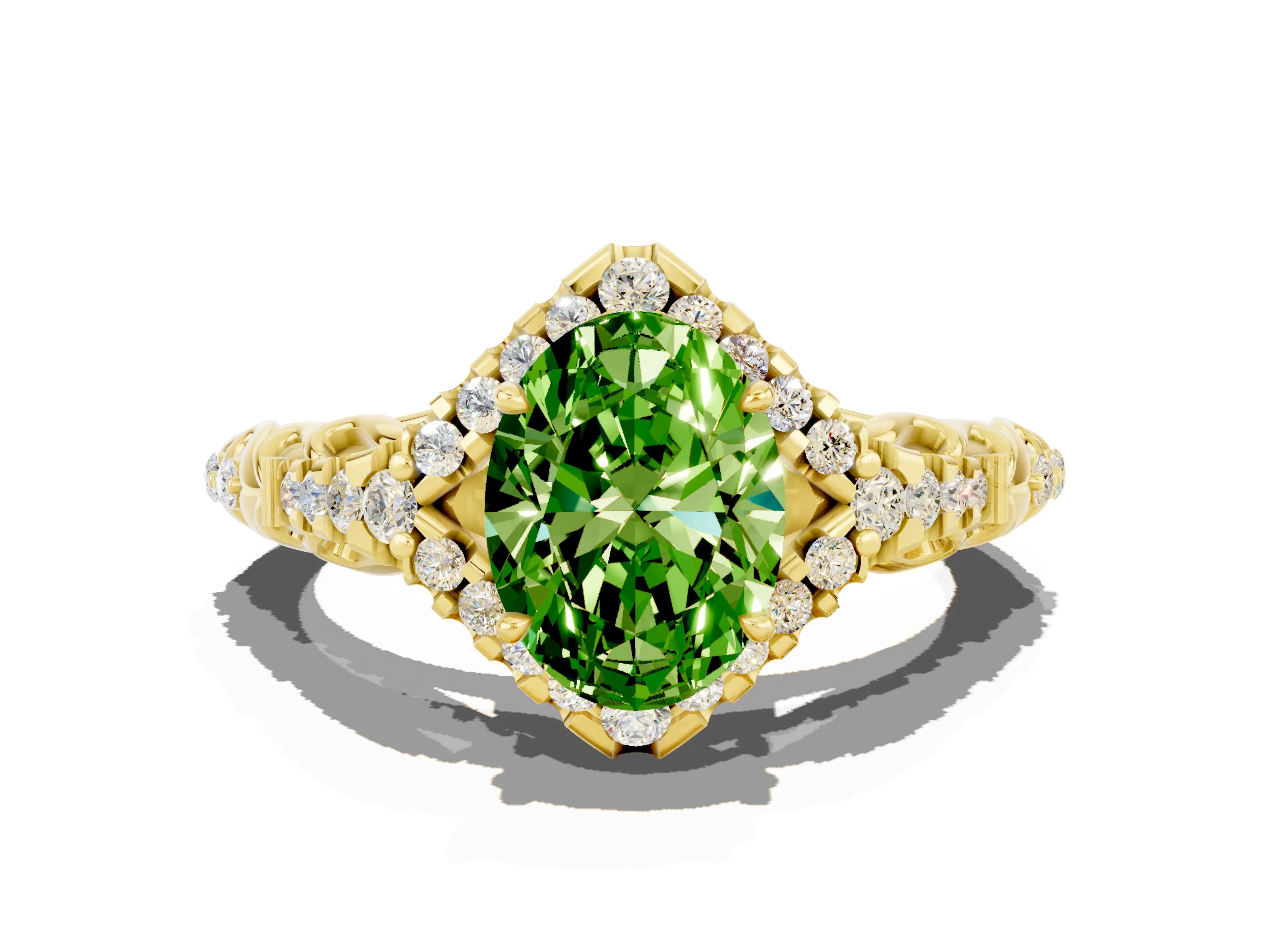 Yellow gold Oval Cut Peridot Solitaire Ring with Hidden Halo and Pavé Band_12