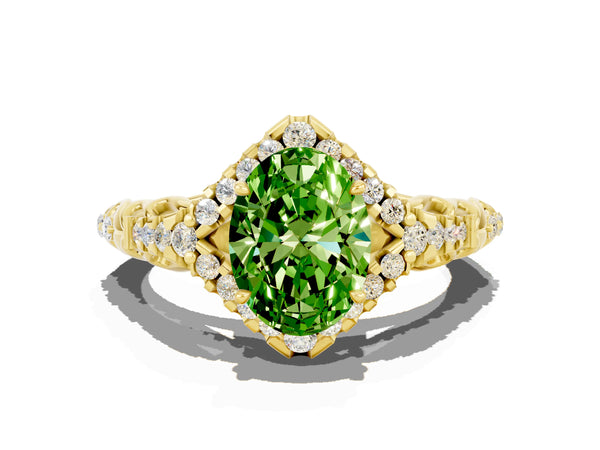 Yellow gold Oval Cut Peridot Solitaire Ring with Hidden Halo and Pavé Band