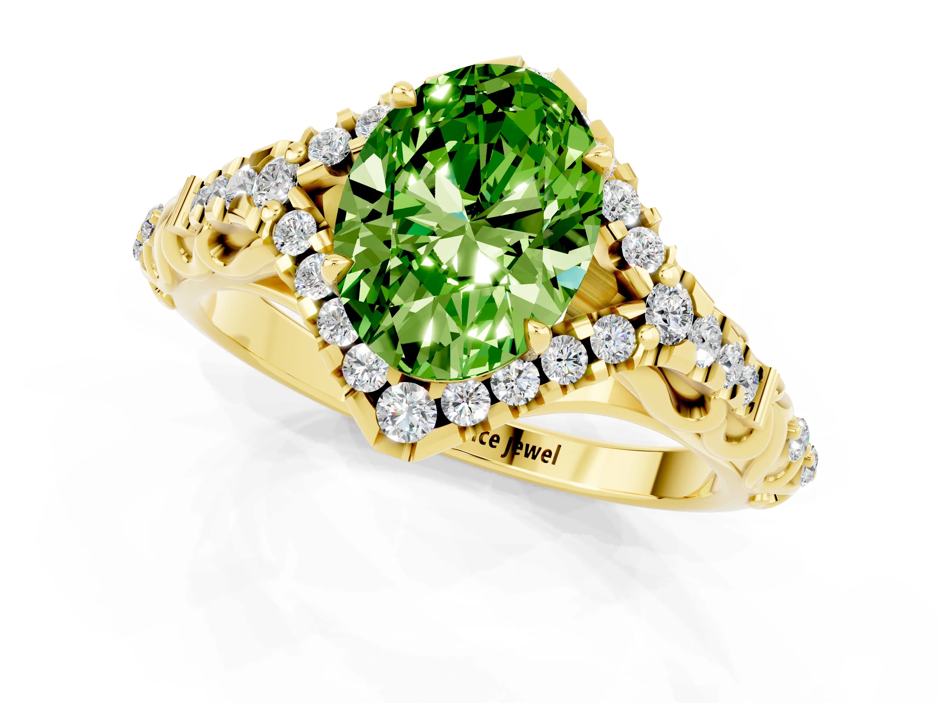 Yellow gold Oval Cut Peridot Solitaire Ring with Hidden Halo and Pavé Band_13