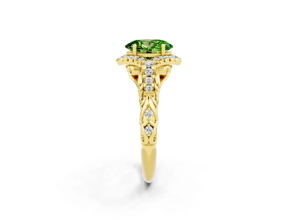 Yellow gold Oval Cut Peridot Solitaire Ring with Hidden Halo and Pavé Band