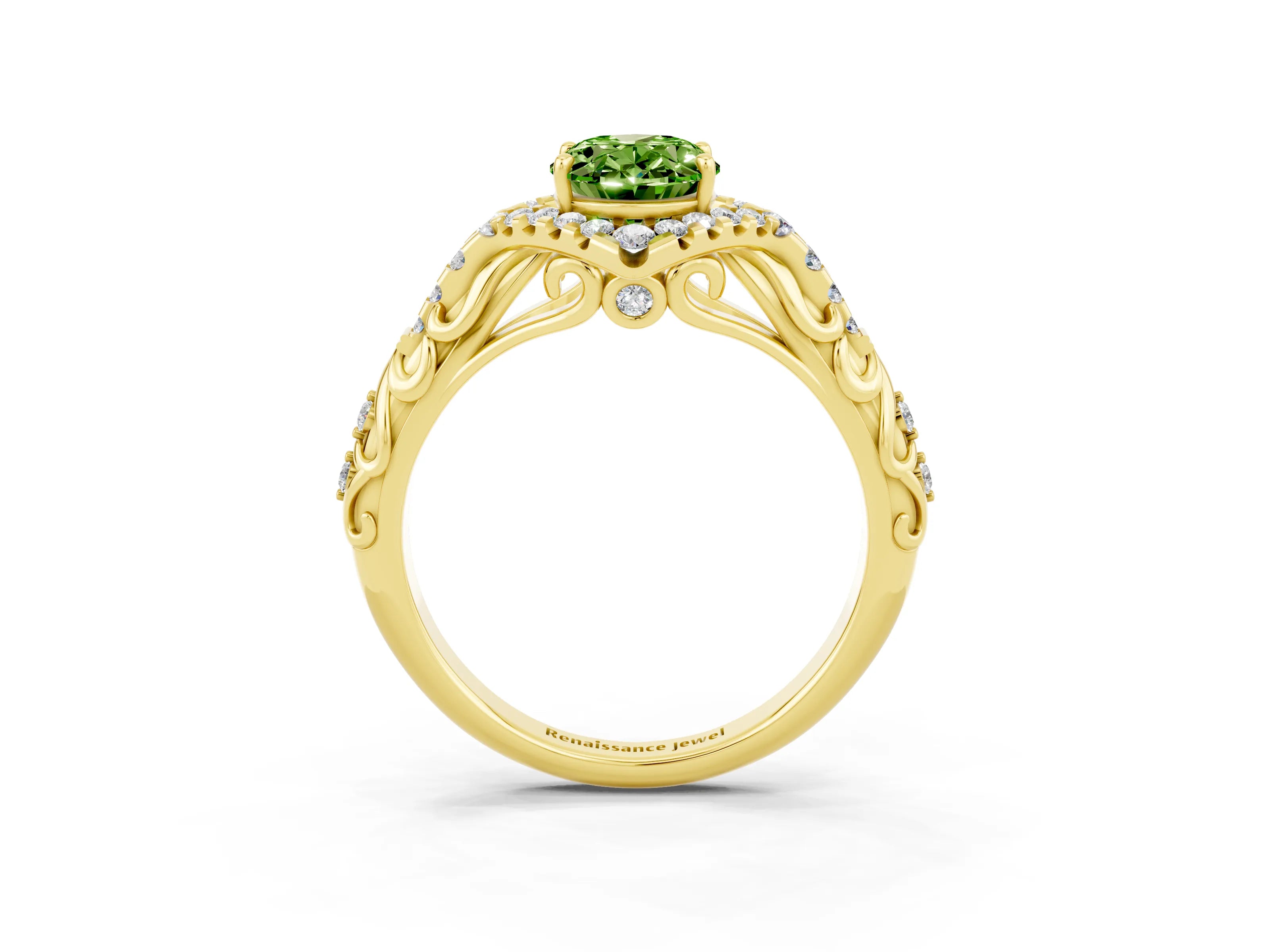 Yellow gold Oval Cut Peridot Solitaire Ring with Hidden Halo and Pavé Band_15