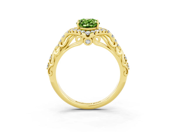 Yellow gold Oval Cut Peridot Solitaire Ring with Hidden Halo and Pavé Band