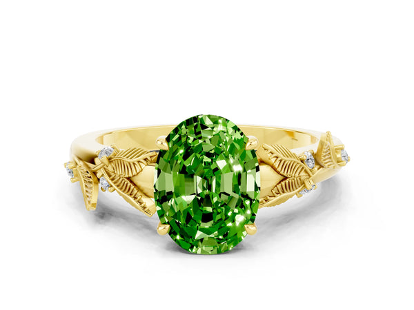 Yellow gold Oval Cut Peridot Solitaire Ring with Leaf Motif Band and Four-Prong Setting