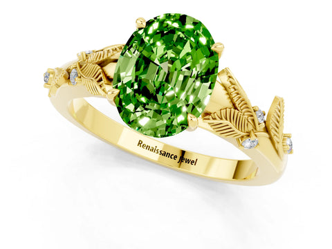 Yellow gold Oval Cut Peridot Solitaire Ring with Leaf Motif Band and Four-Prong Setting_1