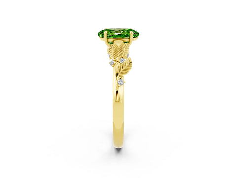 Yellow gold Oval Cut Peridot Solitaire Ring with Leaf Motif Band and Four-Prong Setting_2