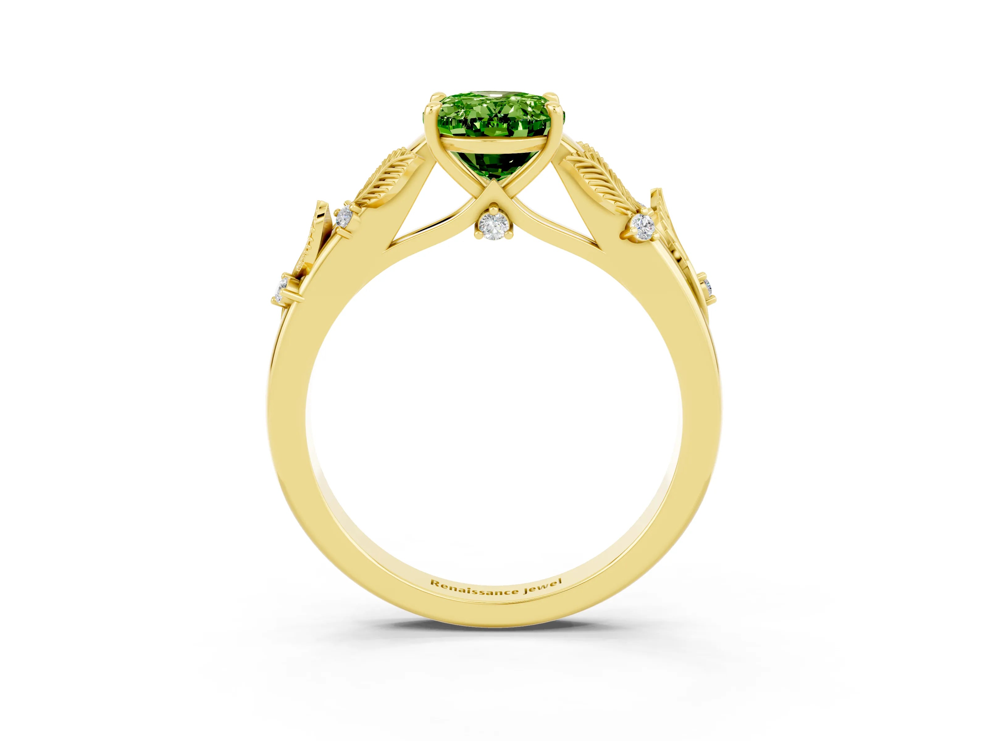 Yellow gold Oval Cut Peridot Solitaire Ring with Leaf Motif Band and Four-Prong Setting_3