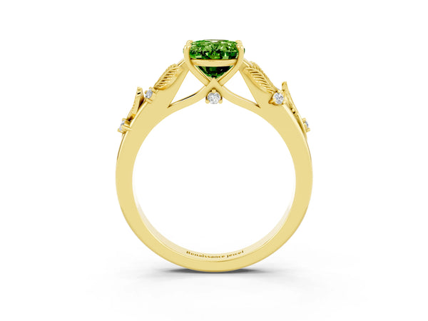 Yellow gold Oval Cut Peridot Solitaire Ring with Leaf Motif Band and Four-Prong Setting