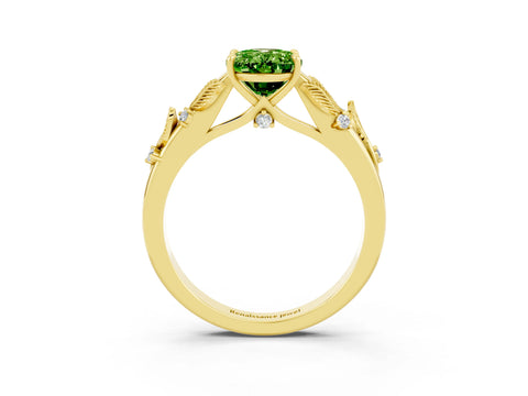 Yellow gold Oval Cut Peridot Solitaire Ring with Leaf Motif Band and Four-Prong Setting_3