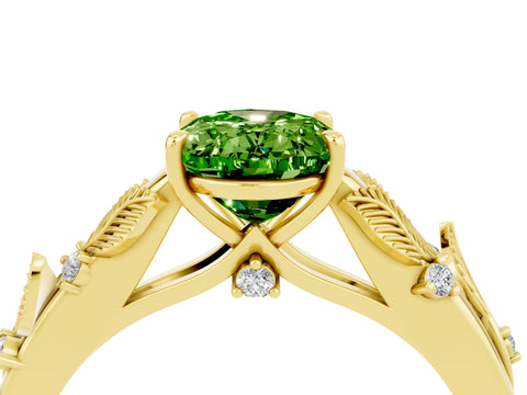 Yellow gold Oval Cut Peridot Solitaire Ring with Leaf Motif Band and Four-Prong Setting_4