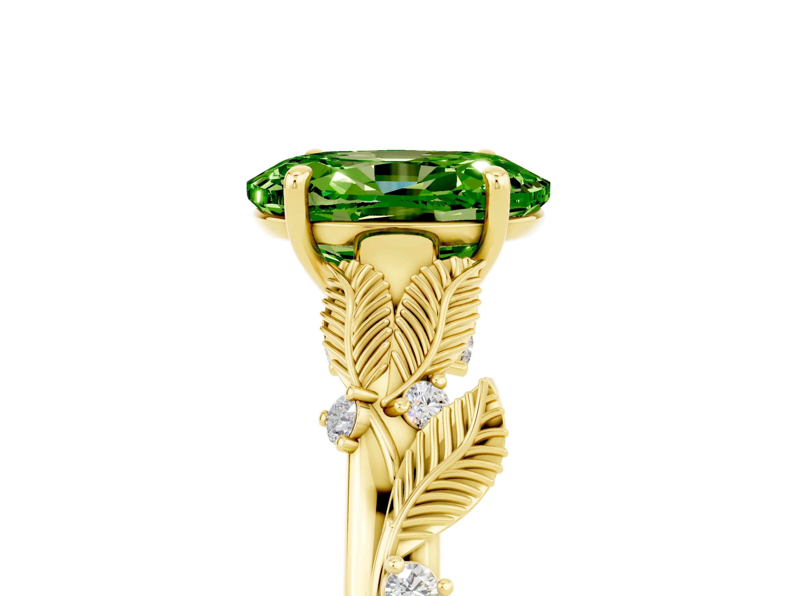 Yellow gold Oval Cut Peridot Solitaire Ring with Leaf Motif Band and Four-Prong Setting_5