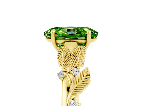 Yellow gold Oval Cut Peridot Solitaire Ring with Leaf Motif Band and Four-Prong Setting_5