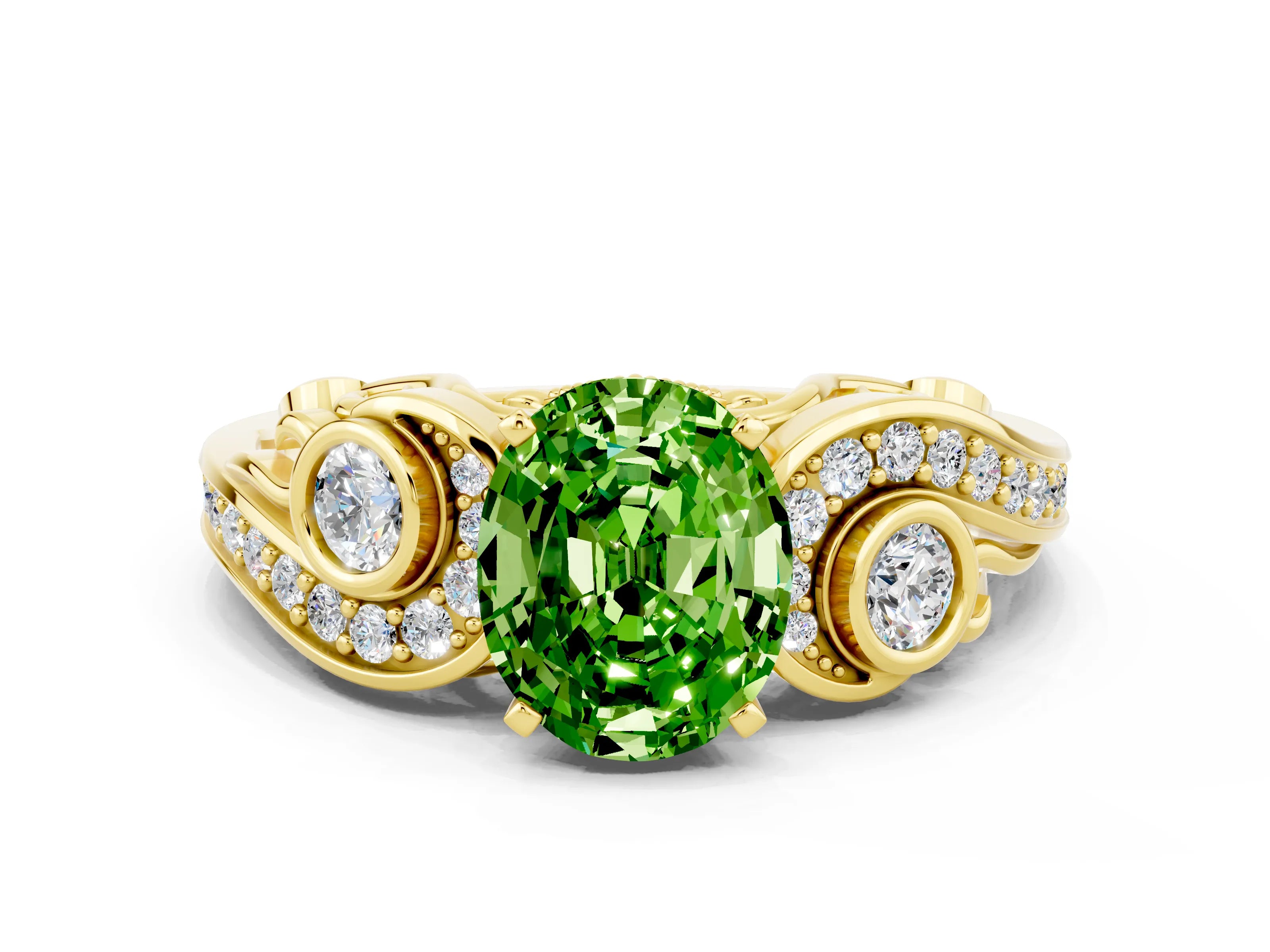 Yellow gold Oval Cut Peridot Solitaire Ring with Milgrain Pavé Band and Four-Prong Setting_24