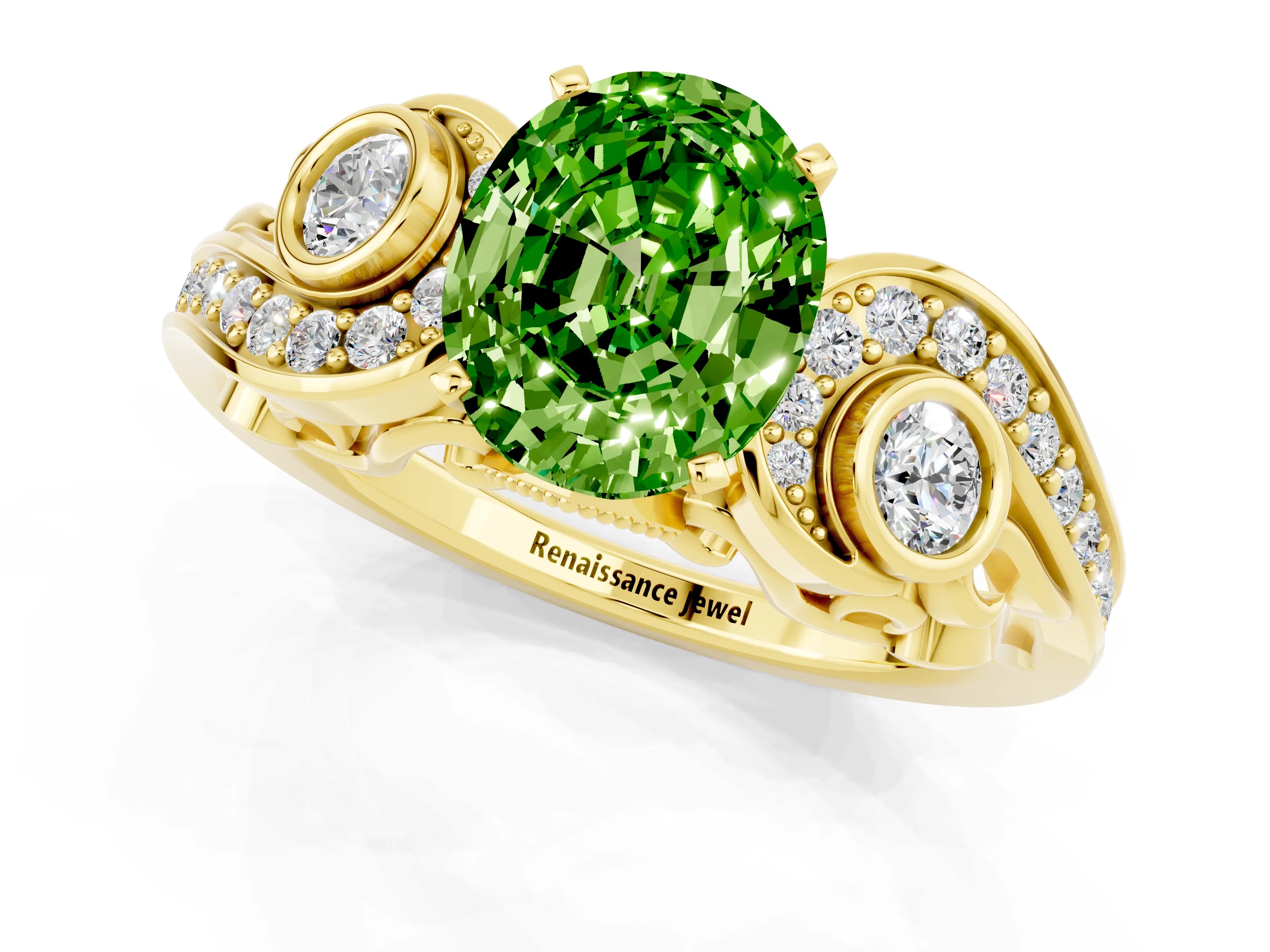 Yellow gold Oval Cut Peridot Solitaire Ring with Milgrain Pavé Band and Four-Prong Setting_25