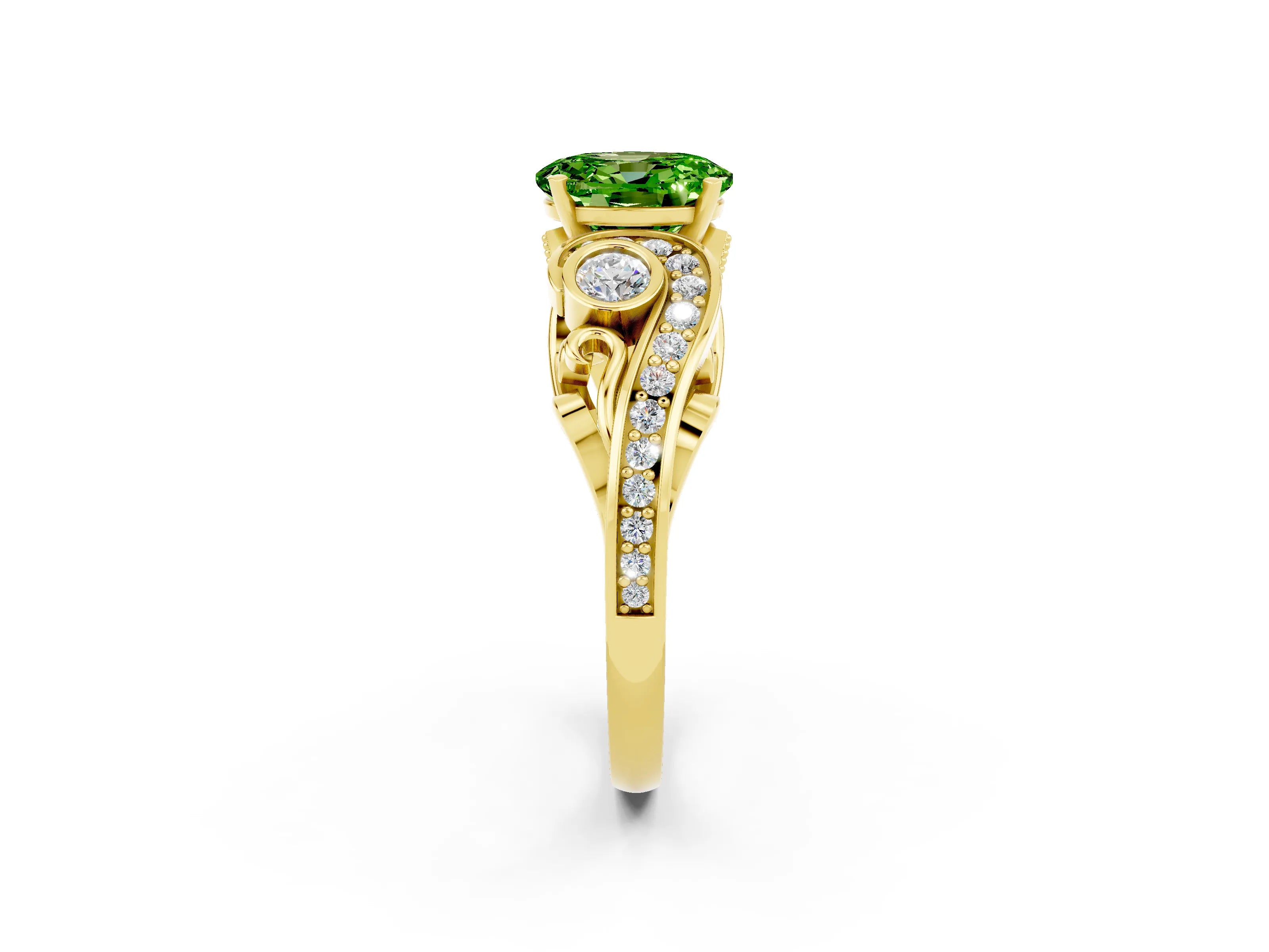 Yellow gold Oval Cut Peridot Solitaire Ring with Milgrain Pavé Band and Four-Prong Setting_26